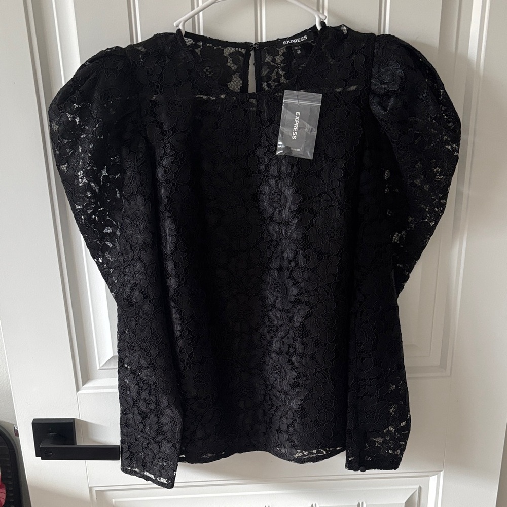 Express Black Lace Puff Sleeve Blouse